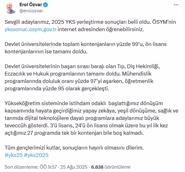 “YÖK Başkanı Özvar, 2025 YKS Yerleştirme Sonuçlarını Duyurdu”
