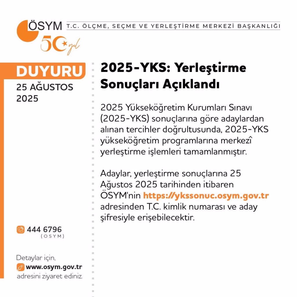 “2025 YKS Yerleştirme Sonuçları Açıklandı: Kayıtlar 1-5 Eylül’de”