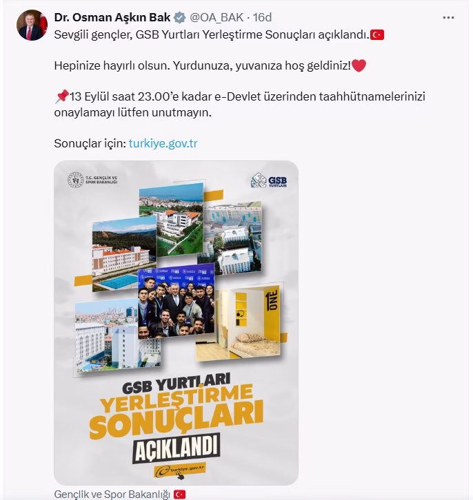 Gençlik Bakanı’ndan yurt yerleştirme müjdesi