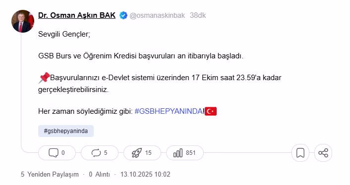 Bakan Bak: 2025-2026 eğitim öğretim dönemi için burs/kredi başvuruları başladı