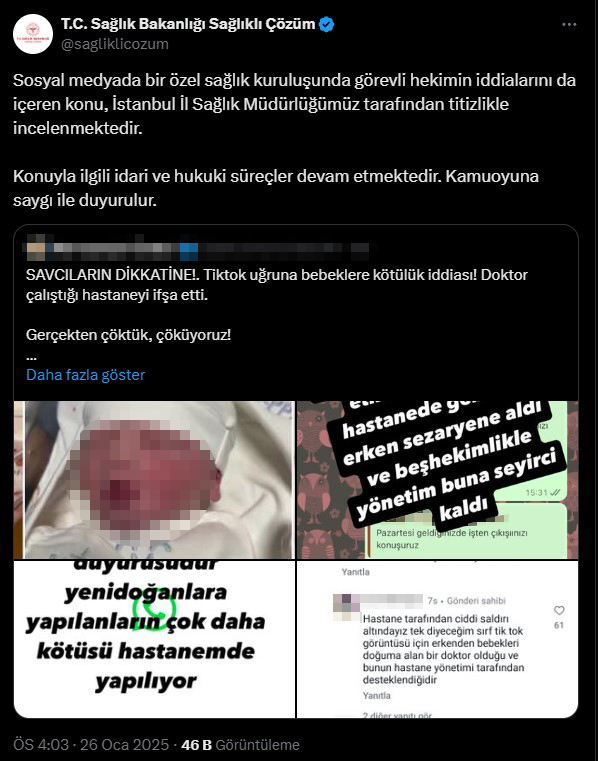 Sosyal medyada yayılan özel hastanede bebeklere kötü muamele iddialarıyla ilgili inceleme başlatıldı