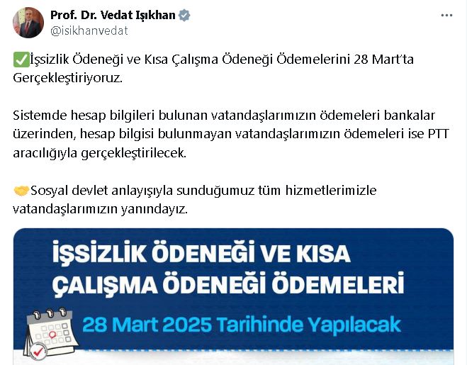 Çalışma ve Sosyal Güvenlik Bakanı Vedat Işıkhan, mart ayına ilişkin işsizlik ödeneği ve kısa çalışma ödeneği ödemelerinin 28 Mart'tan itibaren yapılacağını açıkladı. Fotoğraf: Ankara, (DHA)