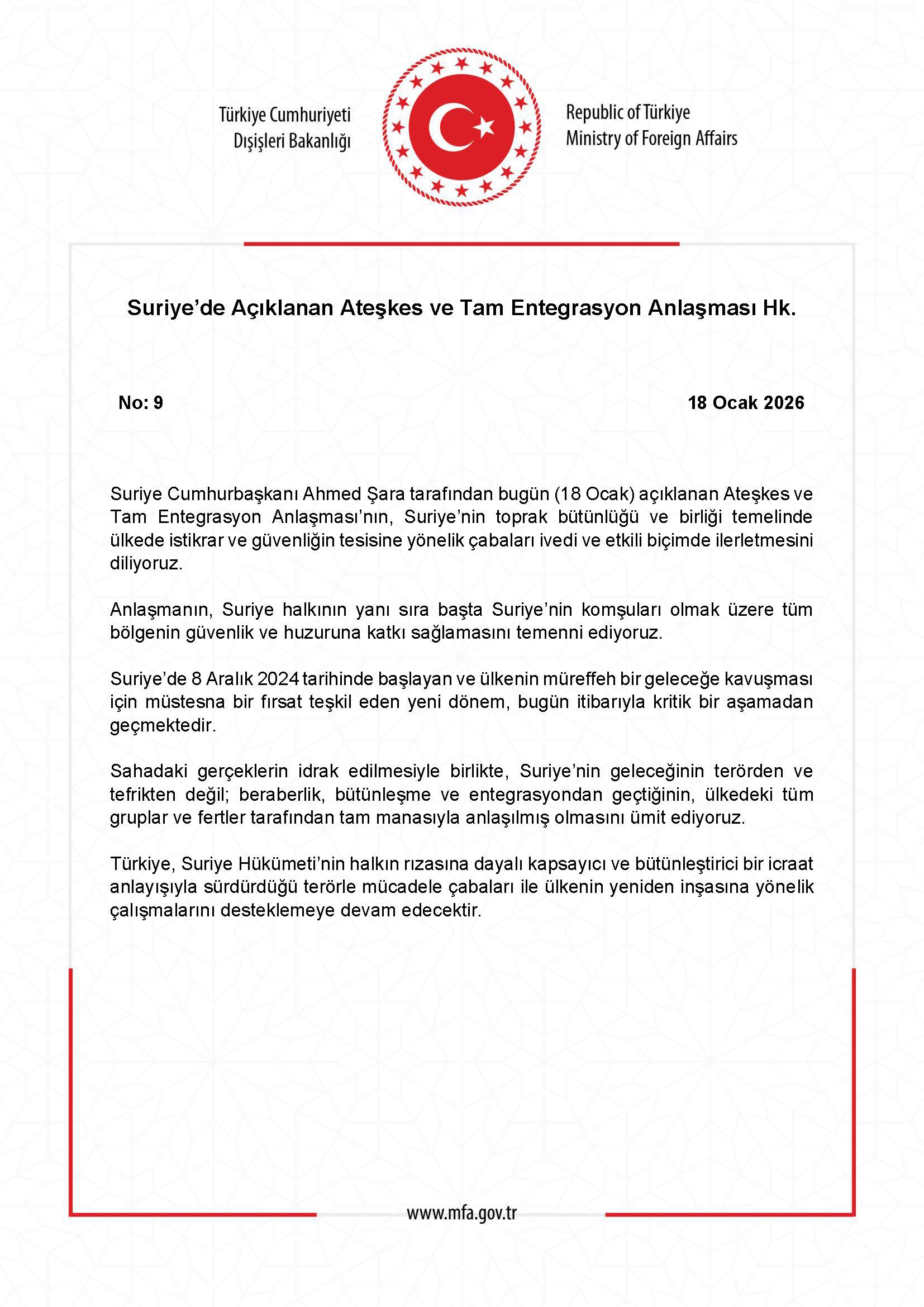 Türkiye’den Suriye Ateşkes Anlaşmasına Destek Mesajı